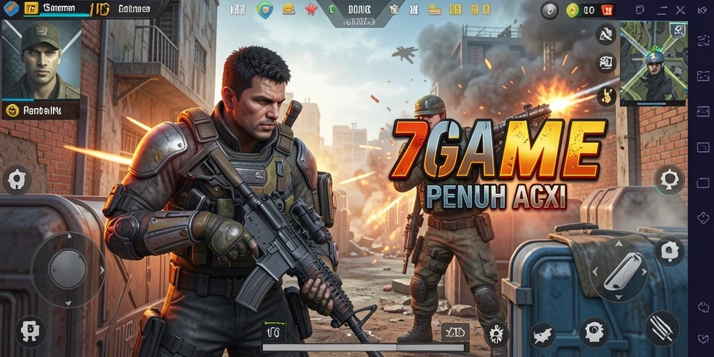 Tangkapan layar utama 7GAME menunjukkan aksi tembak-menembak yang intens.