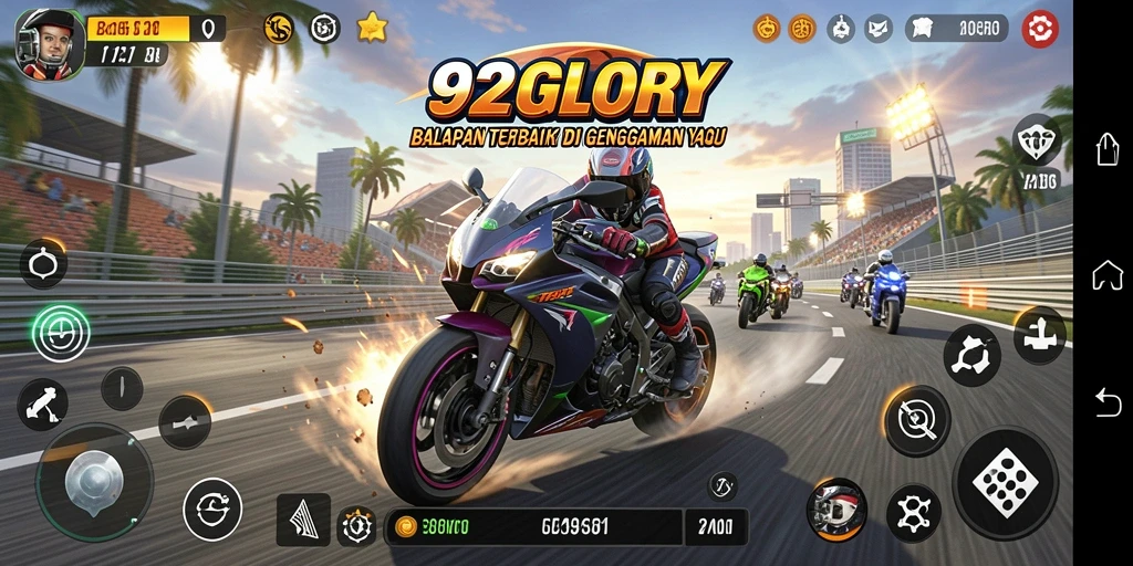 Gameplay seru dalam 92GLORY dengan motor balap teratas.