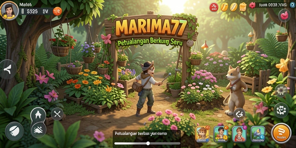 Tampilan screenshot gameplay <strong>MARIMA77</strong> yang menampilkan kebun yang ramai.