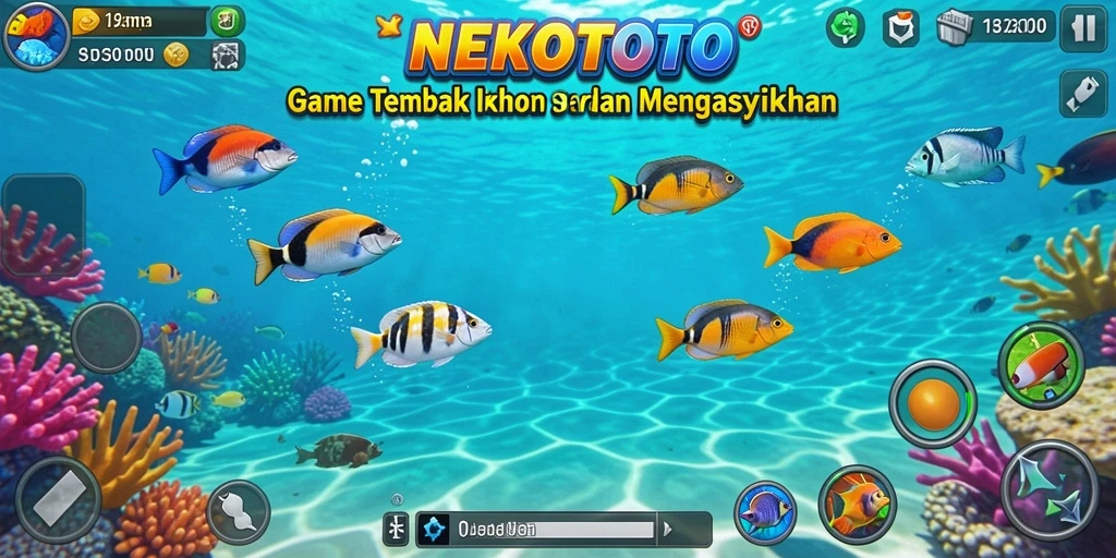 Tangkapan layar gameplay NEKOTOTO menampilkan aksi menembak ikan yang seru.